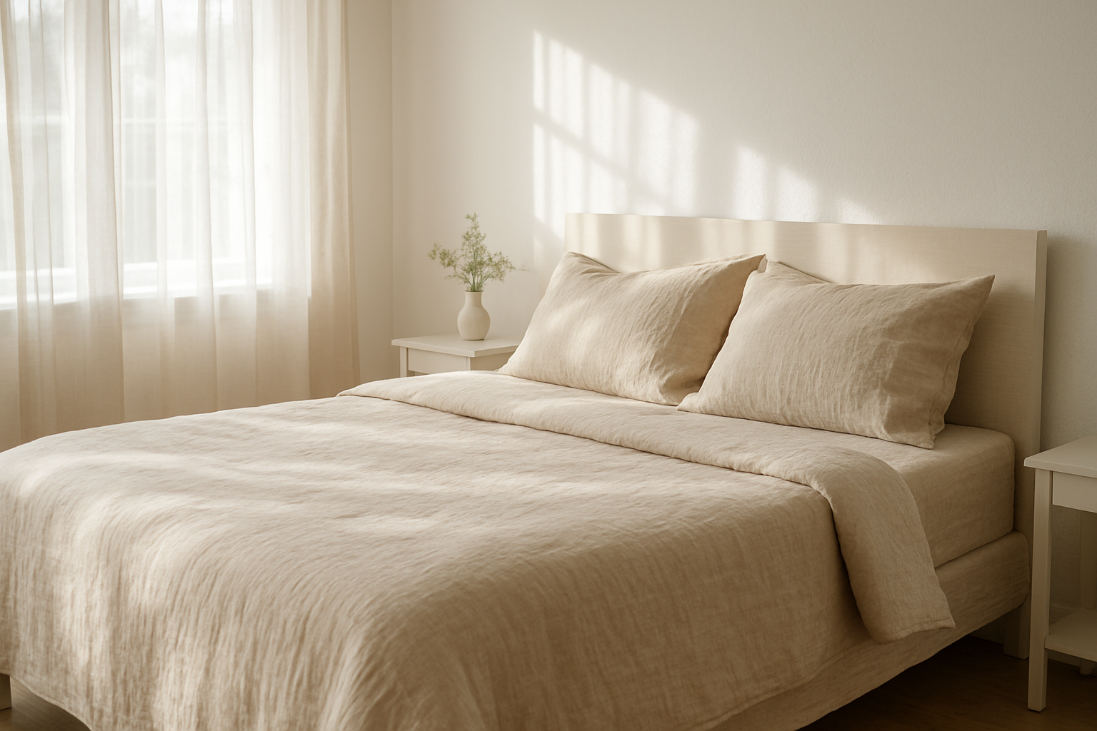 Quarto sereno com roupa de cama clara, luz natural e poucos objetos, refletindo a ideia de luxo silencioso e rotina simples